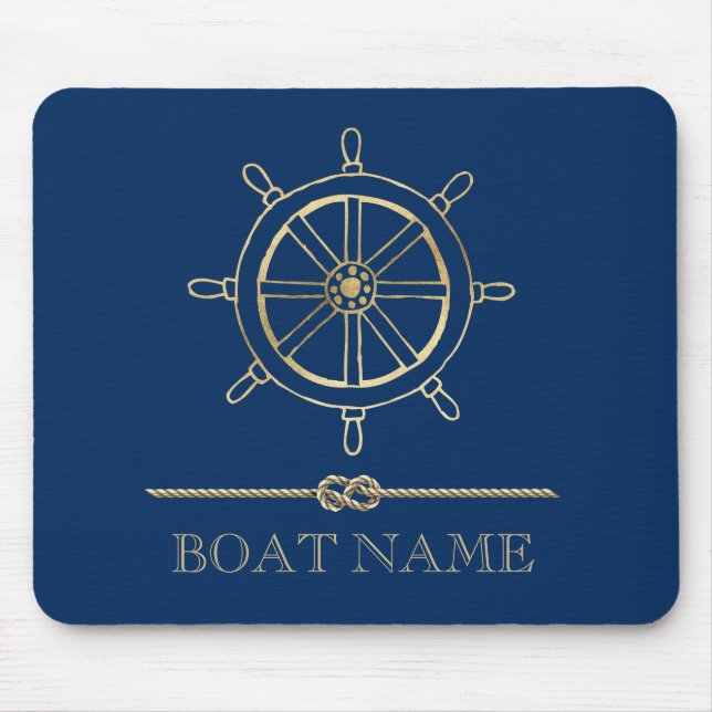Nautical Gold Boat Wheel, Navy Blue Mousepad (Vorne)