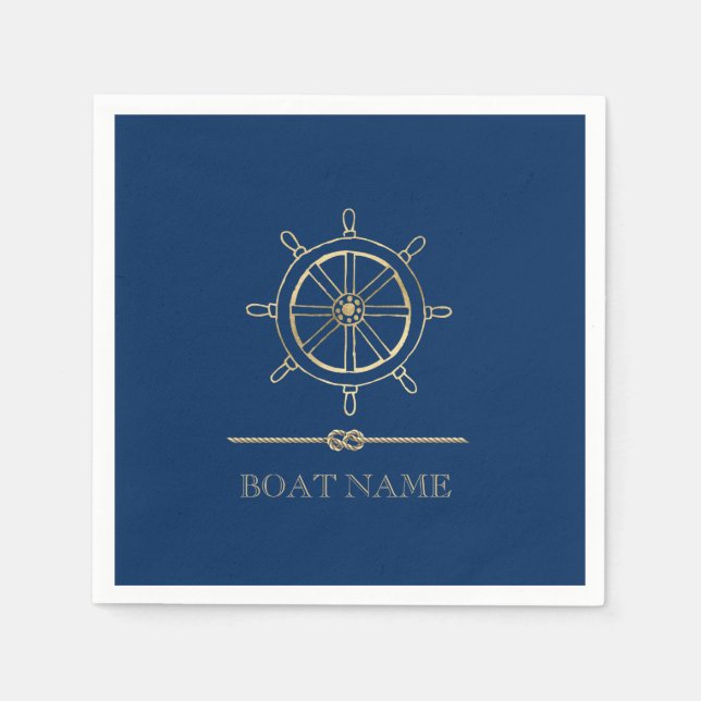 Nautical Gold Boat Wheel, Navy Blue Serviette (Vorderseite)