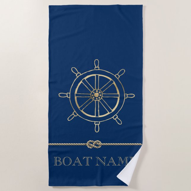 Nautical Gold Boat Wheel, Navy Blue Strandtuch (Vorderseite)