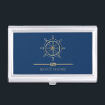 Nautical Gold Boat Wheel, Navy Blue Visitenkarten Dose<br><div class="desc">Dieses Bild zeigt ein goldenes Bootrad auf einem marineblauen Hintergrund.</div>