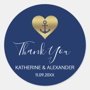 Nautical Gold Heart Anchor Navy Blue Wedding Siege Runder Aufkleber