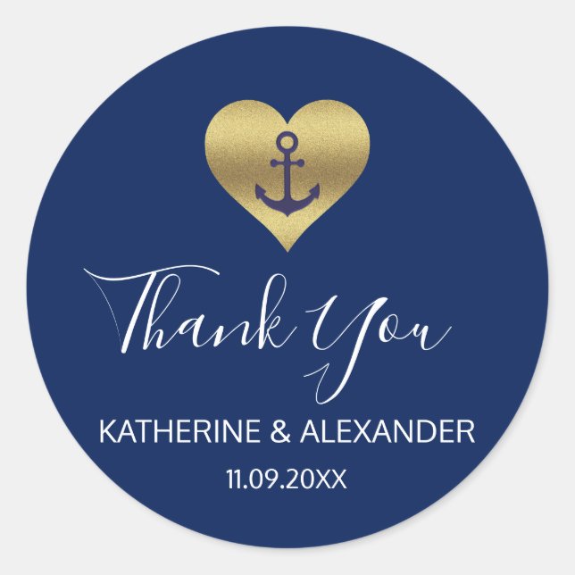 Nautical Gold Heart Anchor Navy Blue Wedding Siege Runder Aufkleber (Vorderseite)