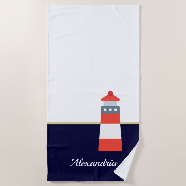 Nautical Gold Navy Blue White Lighthouse Strandtuch (Vorderseite)