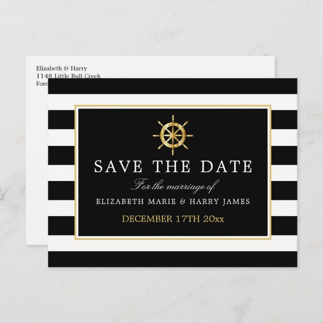 Nautical Gold Wheel, Black & Gold Save the Date Ankündigungspostkarte (Vorne/Hinten)