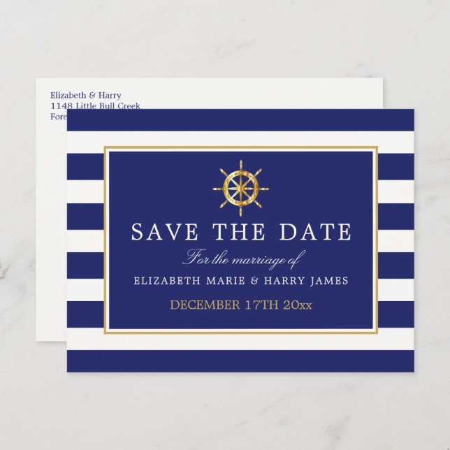 Nautical Gold Wheel, Navy & Gold Save the Date Ankündigungspostkarte (Vorne/Hinten)