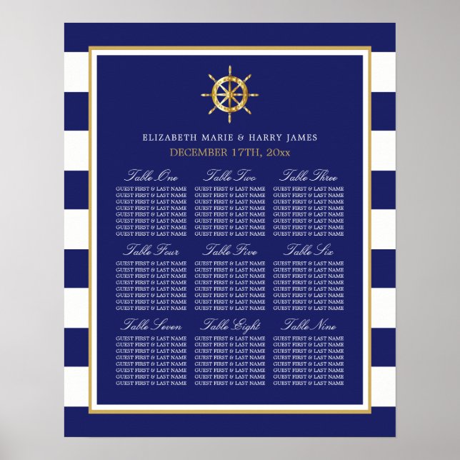 Nautical Gold Wheel, Navy & Gold Seating Chart Poster (Vorne)