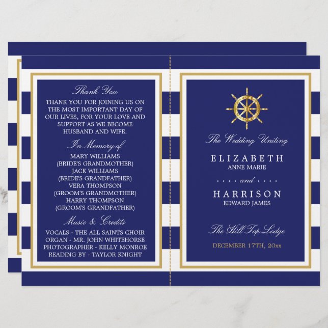 Nautical Gold Wheel, Navy/Gold Wedding Program (Vorne/Hinten)