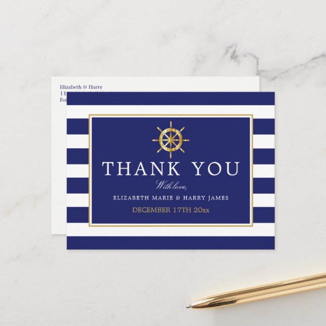 Nautical Gold Wheel, Navy & Gold Wedding Vielen Da Postkarte (Vorderseite/Rückseite Beispiel)
