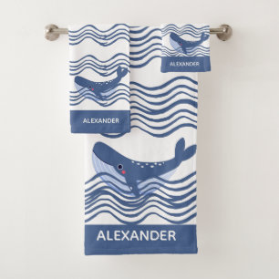 Nautical Gray Blue White Whale Waves Badetuch Badhandtuch Set
