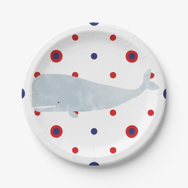 Nautical Gray Watercolor Whale Red Blue Dots Party Pappteller (Vorderseite)
