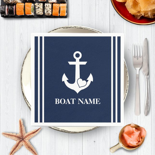Nautical Heart Anchor Custom Boat Name Navy Blue Serviette (Von Creator hochgeladen)