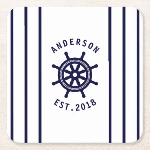 Nautical Helm White and Navy Blue Strichen Custom Rechteckiger Pappuntersetzer