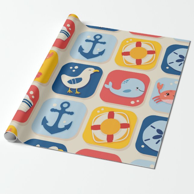 Nautical Icon Grid Pattern Geschenkpapier (Ungerollt)