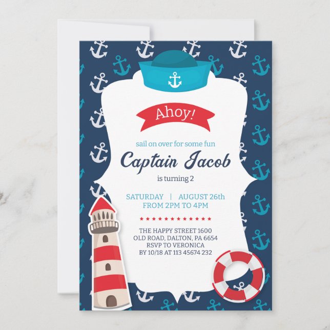Nautical Invitation for Birthday Party Ahoy! Blue Einladung (Vorderseite)