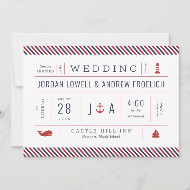 Nautical Invite Red White Blue New England Wedding Ankündigung (Vorderseite)