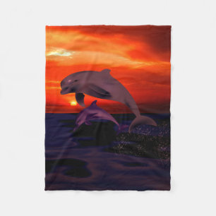 Nautical Jumping Dolphins Orange Ocean Sunset Fleecedecke
