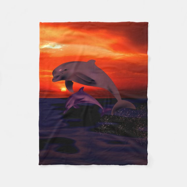 Nautical Jumping Dolphins Orange Ocean Sunset Fleecedecke (Vorderseite)