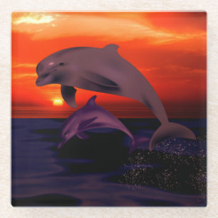 Nautical Jumping Dolphins Orange Ocean Sunset Glasuntersetzer