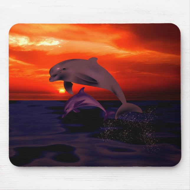 Nautical Jumping Dolphins Orange Ocean Sunset Mousepad (Vorne)