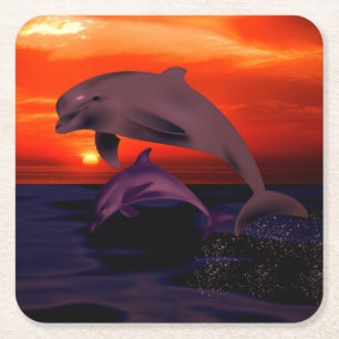 Nautical Jumping Dolphins Orange Ocean Sunset Rechteckiger Pappuntersetzer