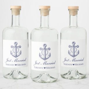Nautical Just Married Navy Blue Anchor Hochzeit Alkoholflaschenetikett