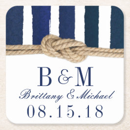 Nautical Knot Burlap Navy Stripes Hochzeitslehre U Rechteckiger Pappuntersetzer