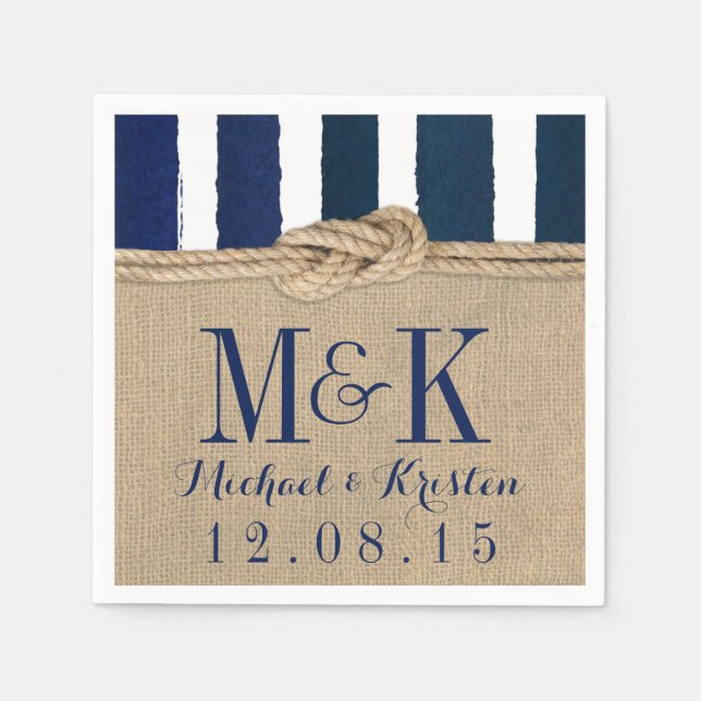 Nautical Knot Burlap Navy Stripes Wedding Napkins Serviette (Vorderseite)