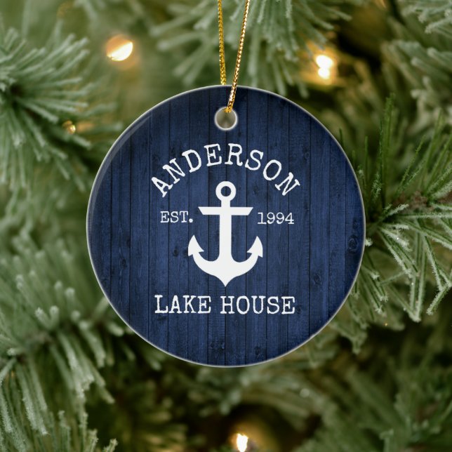 Nautical Lake House Anchor Blue Wood Family Name Keramik Ornament (Baum)