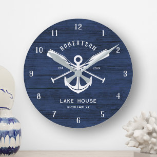 Nautical Lake House Familienname Anchor Blue Wood Runde Wanduhr