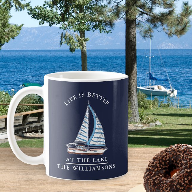 Nautical Lake Life Navy Blue and White Boat Kaffeetasse (Von Creator hochgeladen)