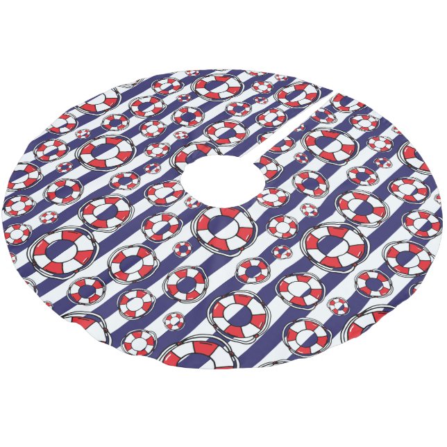 Nautical Lifebels Red White Striping Polyester Weihnachtsbaumdecke (Schrägansicht)