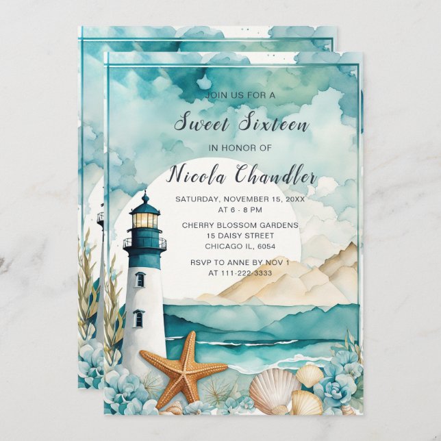 Nautical Lighthouse 16 . Geburtstag Geburtstag Einladung (Vorne/Hinten)