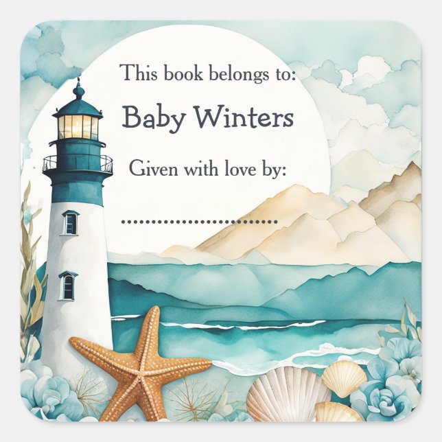 Nautical Lighthouse Baby Dusche Buchzeichen Quadratischer Aufkleber (Vorderseite)