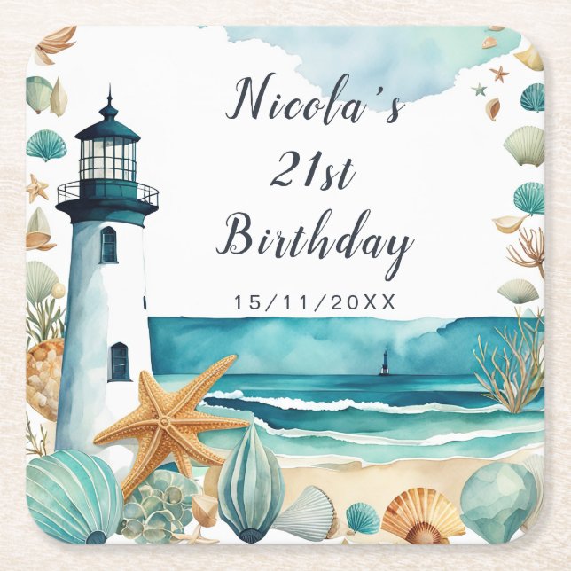 Nautical Lighthouse Birthday Rechteckiger Pappuntersetzer (Vorderseite)