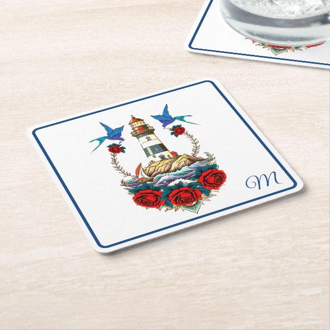 Nautical Lighthouse Bloral Red Blue Rechteckiger Pappuntersetzer (angewinkelt)