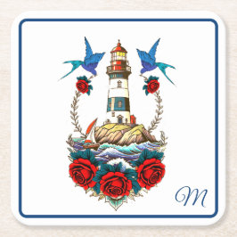 Nautical Lighthouse Bloral Red Blue Rechteckiger Pappuntersetzer