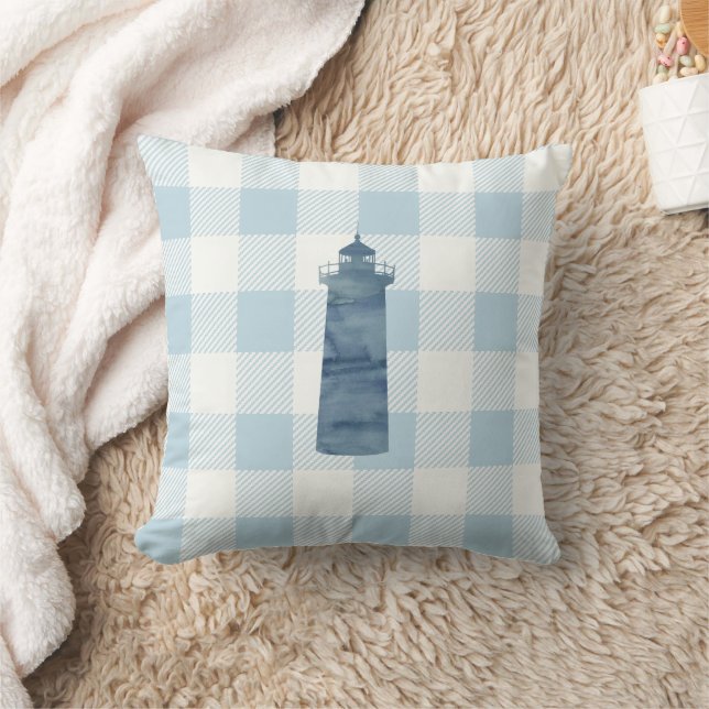 Nautical Lighthouse Blue Gingham Karo Kissen (Decke)