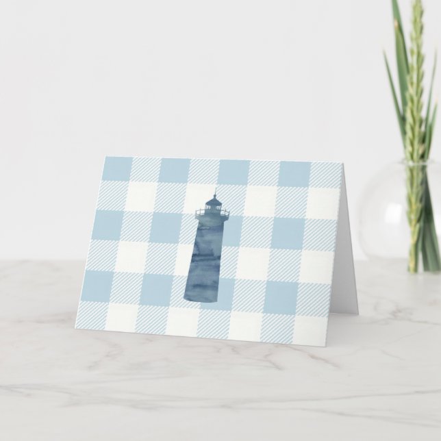 Nautical Lighthouse Blue Gingham Pattern Karte (Vorderseite)