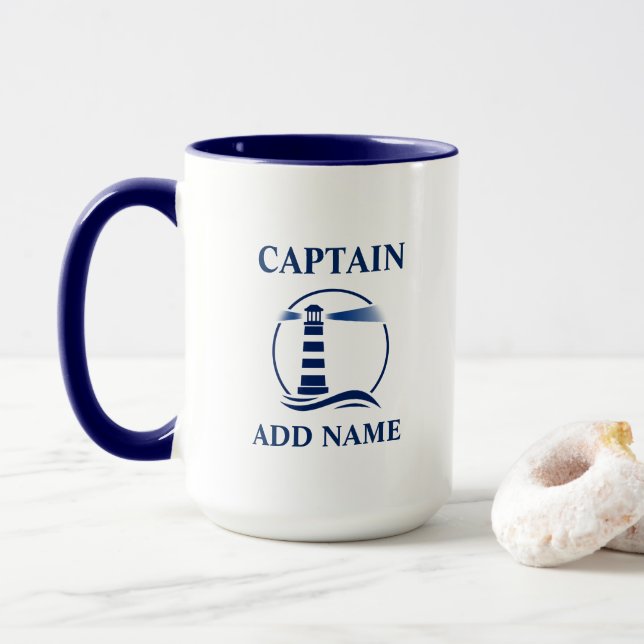 Nautical Lighthouse & Captain oder Bootsname Large Tasse (Mit Donut)