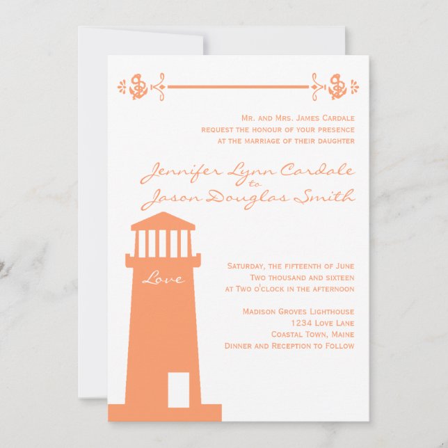 Nautical Lighthouse Coral Wedding Einladungen (Vorderseite)
