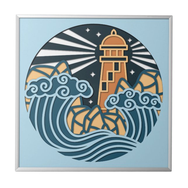 Nautical Lighthouse Ocean Night Scene Fliese (Vorderseite)