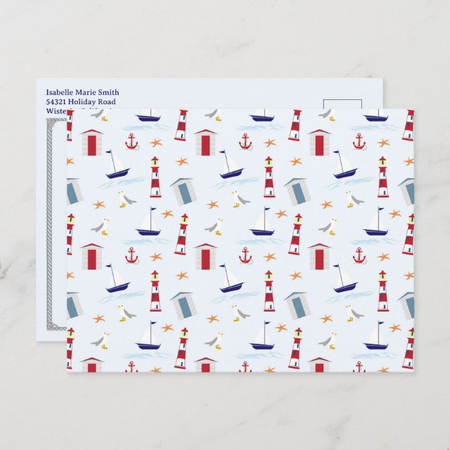 Nautical Lighthouse Pattern 1st Birthday Party  Postkarte (Vorne/Hinten)