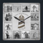 Nautical Lighthouse Rustic Wood Schwarz-weiße Foto Quadratische Wanduhr<br><div class="desc">Dieses Modell aus einem Wasserlichtthaus mit einem vergoldeten grauen Holzboden und Platz für 12 Fotos, alle in Schwarz und Weiß! Klicken Sie auf die Schaltfläche Anpassen für mehr Flexibilität beim Ändern/Hinzufügen von Text- und Designelementen! Variationen dieses Designs sowie der Koordinationsprodukte sind in unserem Shop, zazzle.com/store/doodlelulu, erhältlich. Kontaktieren Sie uns, wenn...</div>