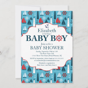 Nautical Lighthouse Sailboat Boys Babydusche Einladung