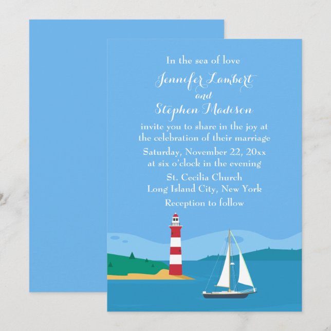 Nautical Lighthouse & Sailboat Hochzeit am blauen  Einladung (Vorne/Hinten)