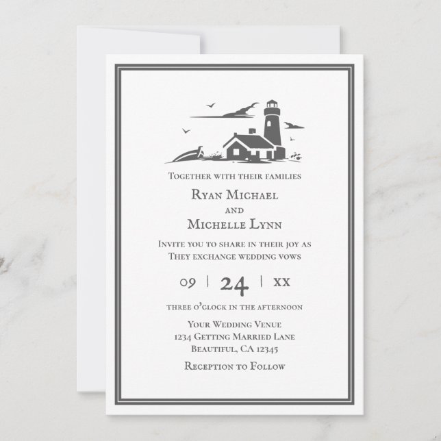 Nautical Lighthouse Seaside Beach Wedding Einladung (Vorderseite)