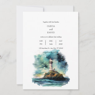 Nautical Lighthouse Starry Moon Night Sky Wedding Einladung
