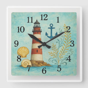 Nautical Lighthouse und Anchor Ocean Clock Quadratische Wanduhr