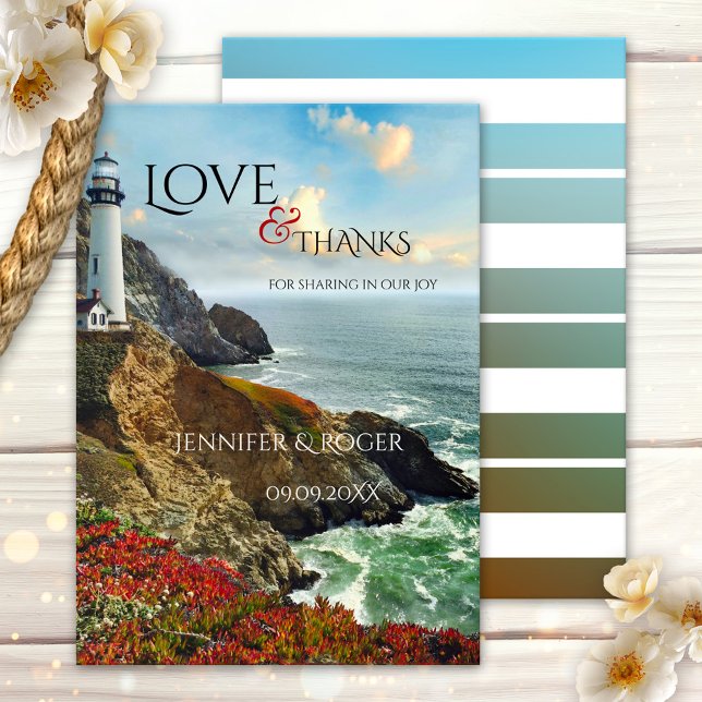 Nautical Lighthouse Wedding Dankeschön Card Dankeskarte (Wedding Thank You card featuring a painting of a lighthouse on a rocky coast in vibrant colors)