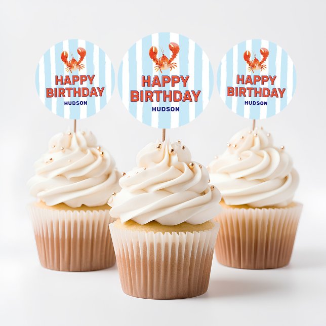 Nautical Lobster Kids Happy Birthday Runder Aufkleber (Von Creator hochgeladen)